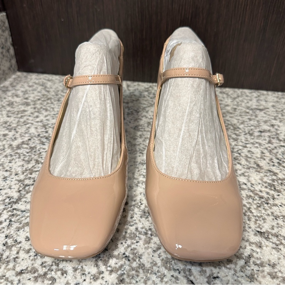Nine West Roslin 9x9 Block Heel Pumps Size 8M Nude Patent Leather